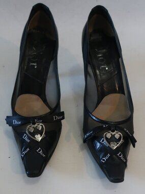Women Christian Dior Black Leather & Mesh Heels W/Heart Shaped Charm 38 EUR/US 8